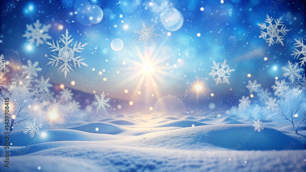 Naklejka premium Winter Wonderland Serene Snow Covered Landscape with Glowing Trees and Falling Snowflakes Under a Bright Sun