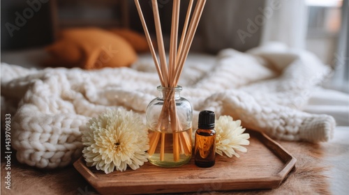 Obraz na płótnie Aromatherapy Diffuser with Sticks and Natural Decor for Relaxation w salonie