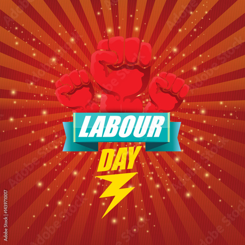1 may Happy labour day vector label with strong protest fist in the air on vintage red rays background. vector happy labor day background or banner with man hand. workers may day poster