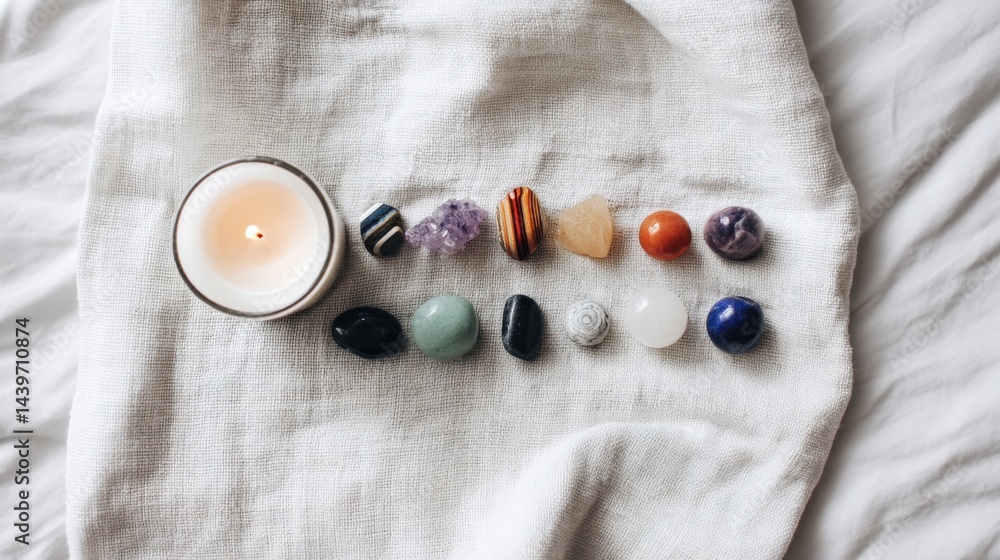 Arrangement of Colorful Crystals and Candle on Soft Textile Surface