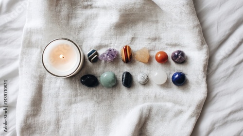 Obraz na płótnie Arrangement of Colorful Crystals and Candle on Soft Textile Surface w salonie