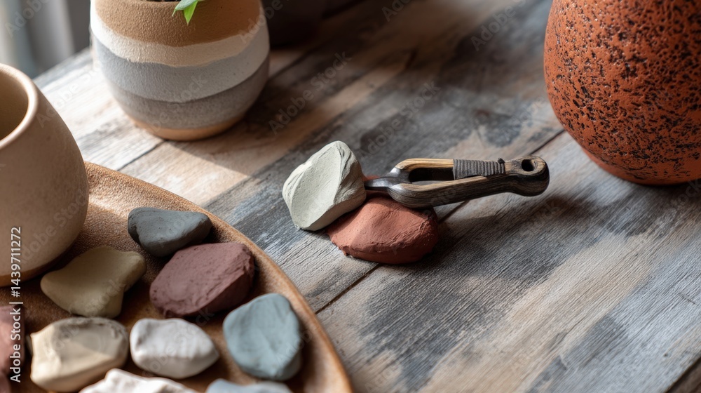 Artisan Clay Shapes and Tools on Wooden Surface for Creative Projects
