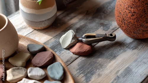 Obraz na płótnie Artisan Clay Shapes and Tools on Wooden Surface for Creative Projects w salonie