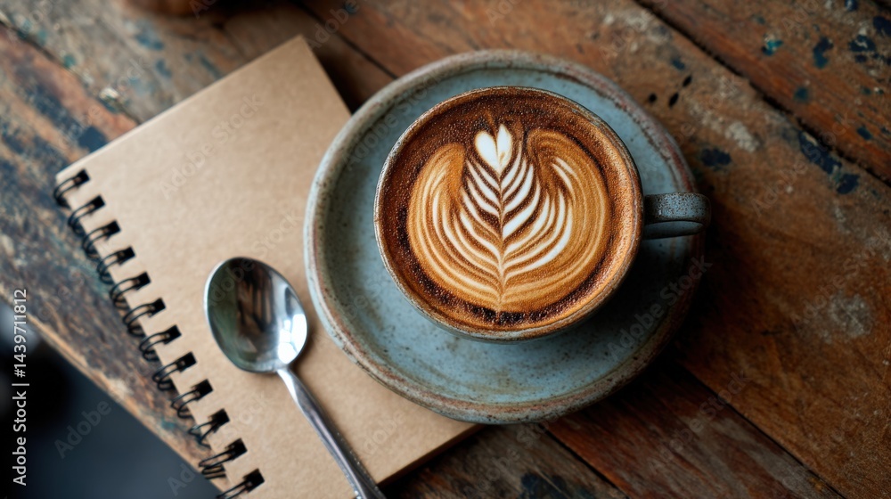 Artistic Coffee Cup with Latte Art on Rustic Wooden Table