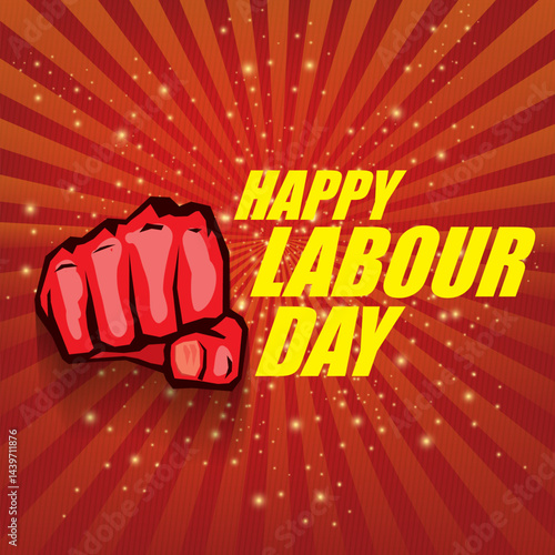 1 may Happy labour day vector label with strong protest fist in the air on vintage red rays background. vector happy labor day background or banner with man hand. workers may day poster