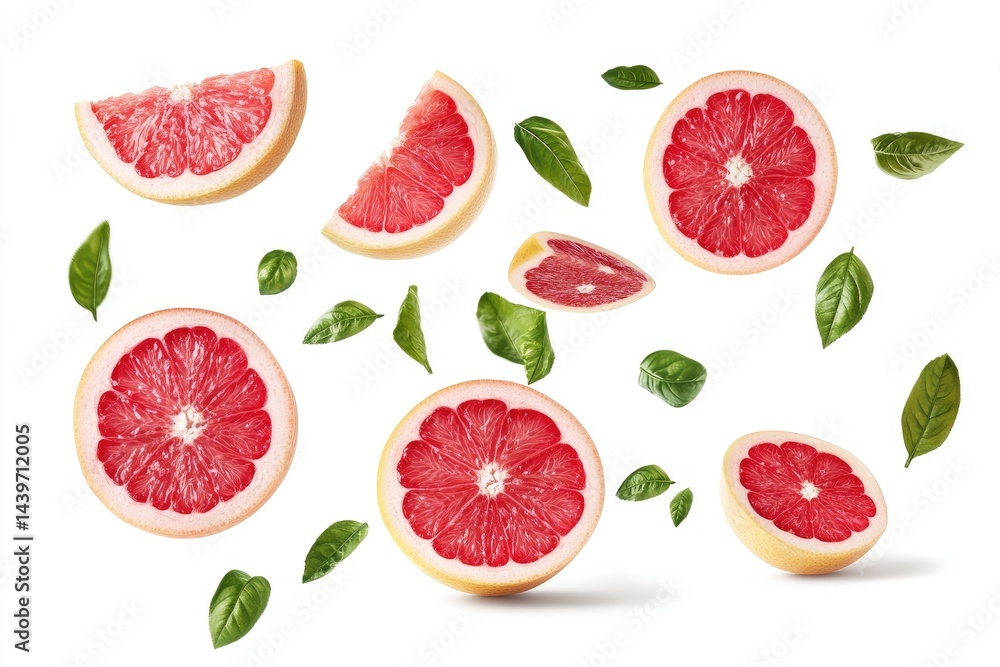 Grapefruit slices and basil leaves scattered Grapefruit slices and basil leaves scattered