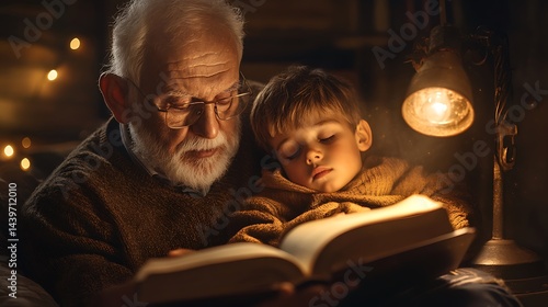 Grandfather reading a story to his sleeping grandson by the lamp's light.