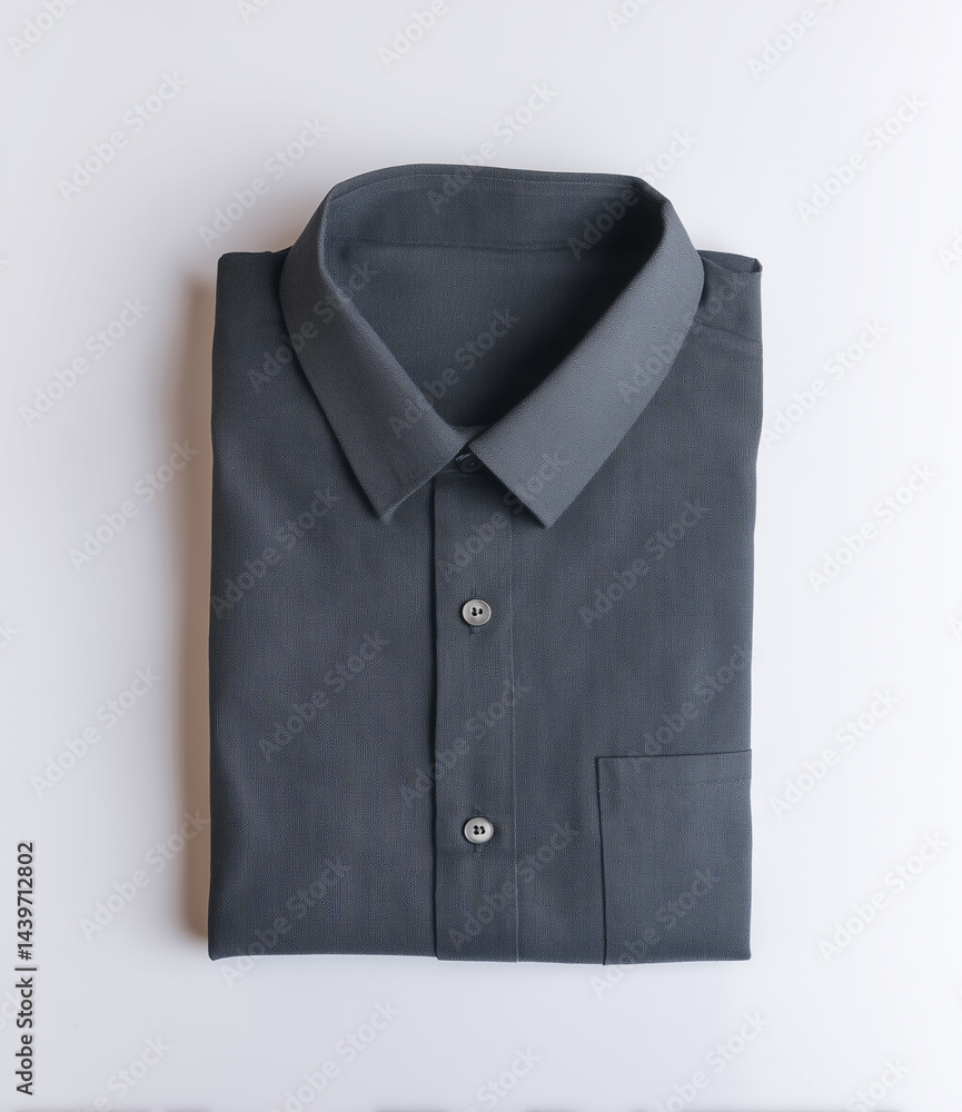 folded dark grey linen shirt, casual men's wear, comfortable natural fabric, neatly arranged clothing. folded dark grey linen shirt, casual men's wear, comfortable natural fabric, neatly arranged clothing.
