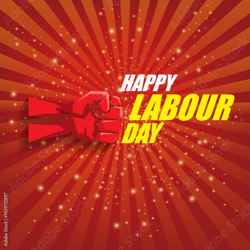1 may Happy labour day vector label with strong protest fist in the air on vintage red rays background. vector happy labor day background or banner with man hand. workers may day poster