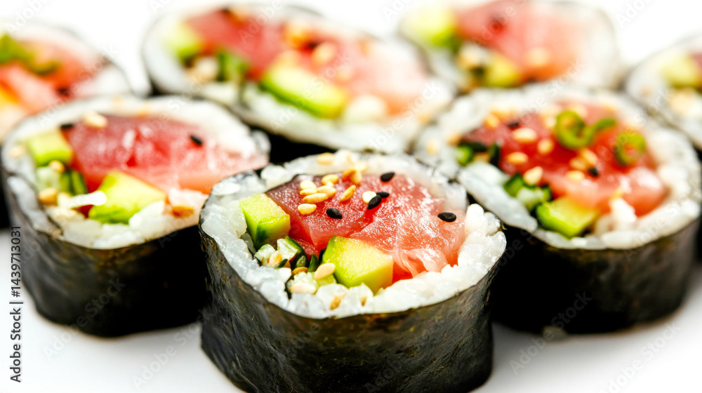 Elegant sushi rolls featuring tuna, salmon, and avocado arranged on clean white backdrop Elegant sushi rolls featuring tuna, salmon, and avocado arranged on clean white backdrop