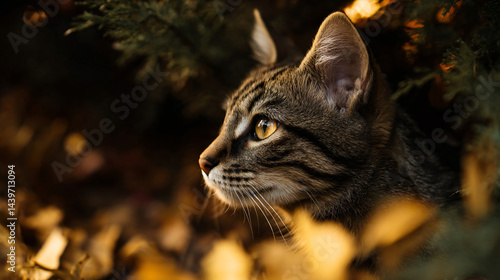 Curious tabby cat in autumn setting