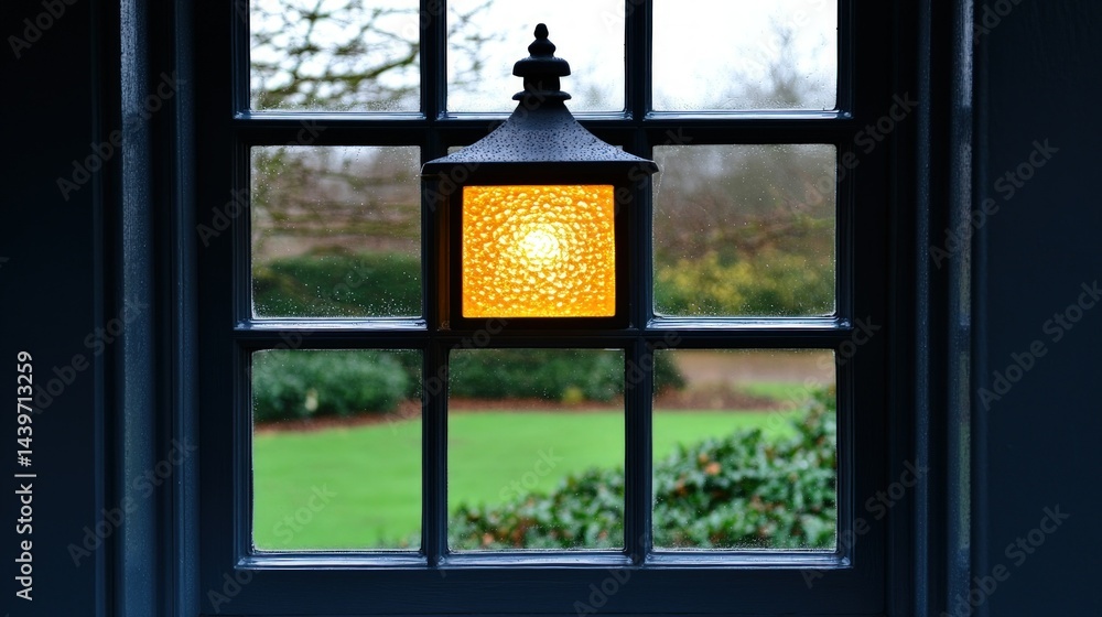 Fototapeta premium Illuminated Lantern Adorns Paned Window Overlooking Lush Garden