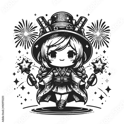 Chibi character celebrating the new year with fireworks in the background