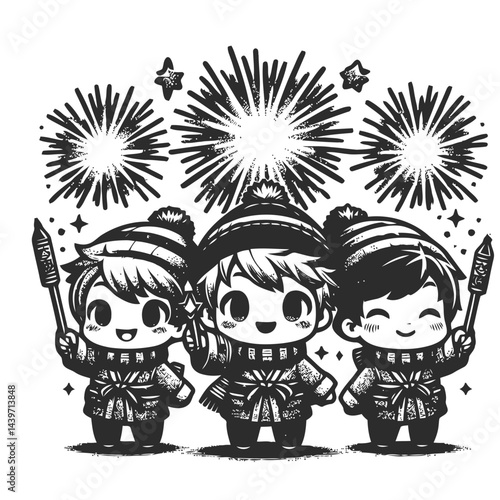 Chibi character with fireworks background and party hats celebrating the New Year