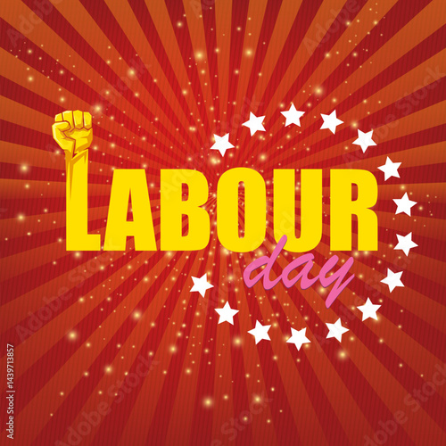 1 may Happy labour day vector label with strong protest fist in the air on vintage red rays background. vector happy labor day background or banner with man hand. workers may day poster