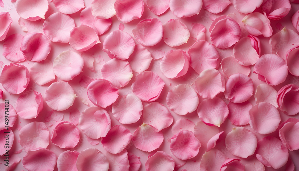 Fototapeta premium Delicate pink rose petals scattered on a light pink background. Soft and elegant, creating a beautiful pattern