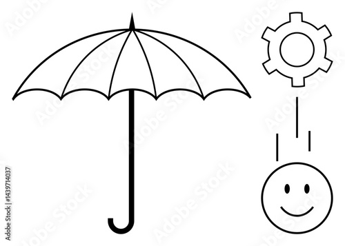 Umbrella shielding a smiling face from a descending gear, conveying protection, support, risk prevention, and problem-solving. Ideal for security, safety, innovation, risk management stress-free