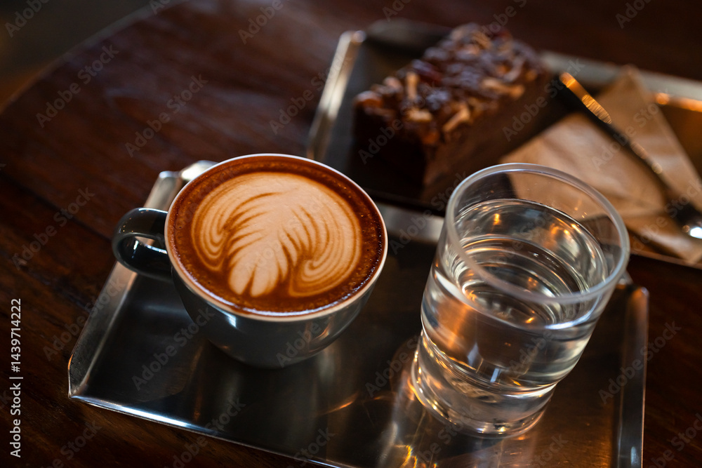 Hot coffee latte with latte art milk foam in cup mug and Homemade Brownie on wood desk on top view. As breakfast In a coffee shop at the cafe,during business work concept,vintage style