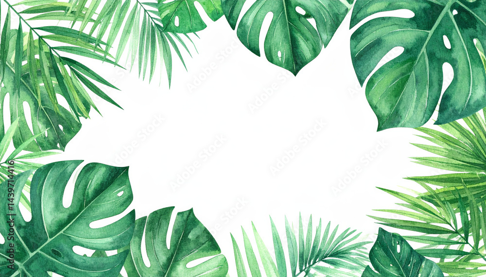 vibrant arrangement of tropical foliage featuring lush green monstera and palm leaves, creating fresh and lively atmosphere perfect for nature themed designs vibrant arrangement of tropical foliage featuring lush green monstera and palm leaves, creating fresh and lively atmosphere perfect for nature themed designs