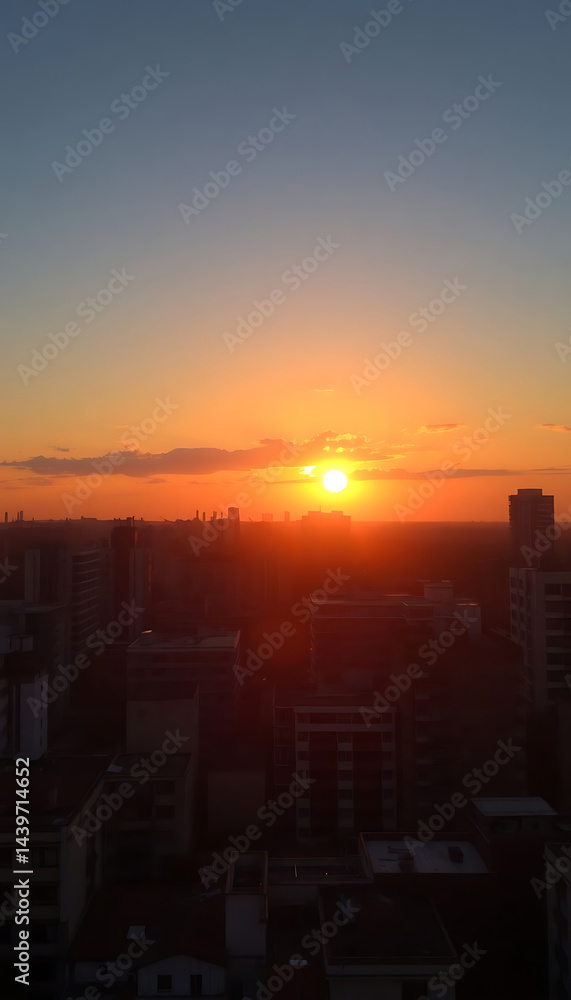 Fototapeta premium sun is setting over a city with tall buildings