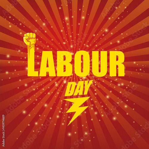 1 may Happy labour day vector label with strong protest fist in the air on vintage red rays background. vector happy labor day background or banner with man hand. workers may day poster
