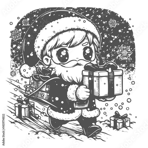 Chibi Santa delivering presents in snowstorm