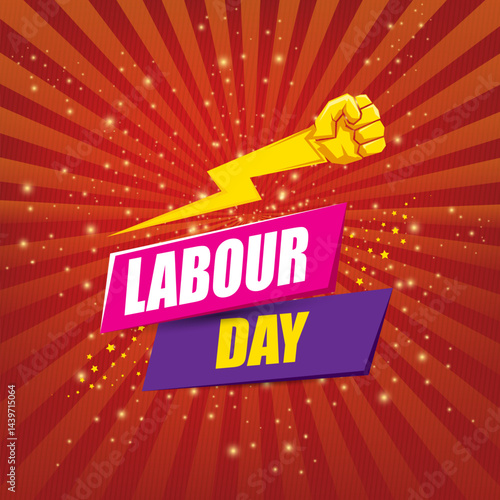 1 may Happy labour day vector label with strong protest fist in the air on vintage red rays background. vector happy labor day background or banner with man hand. workers may day poster
