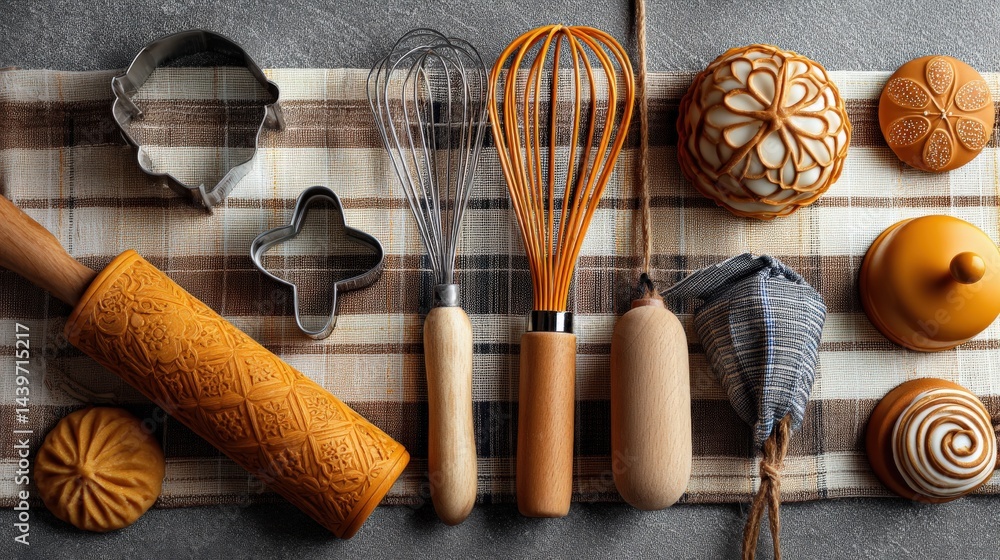 Baking Tools and Decor Items on a Rustic Tablecloth Background