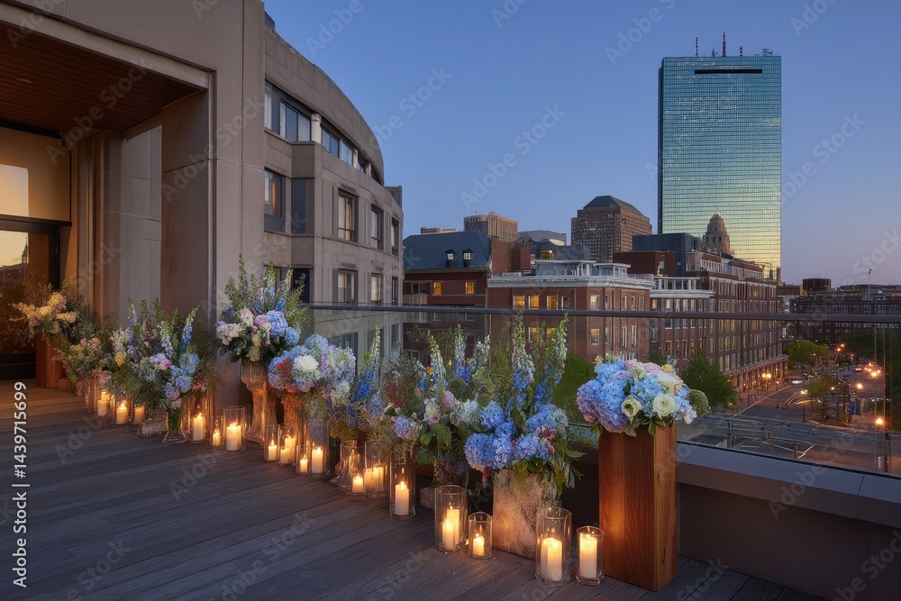 Beautiful Floral Arrangement with City Skyline at Dusk