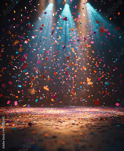 Colorful confetti falls under bright spotlights creating a festive and celebratory atmosphere on a textured stage floor.