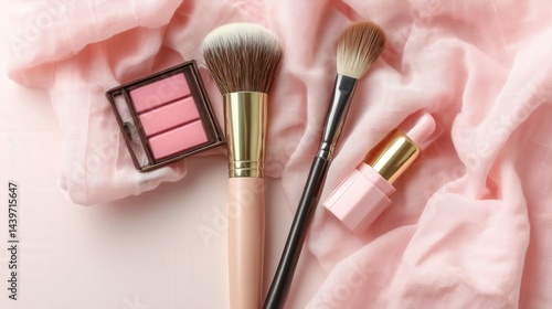 Obraz na płótnie Beauty Accessories on Soft Pink Fabric with Makeup Brushes and Palette w salonie