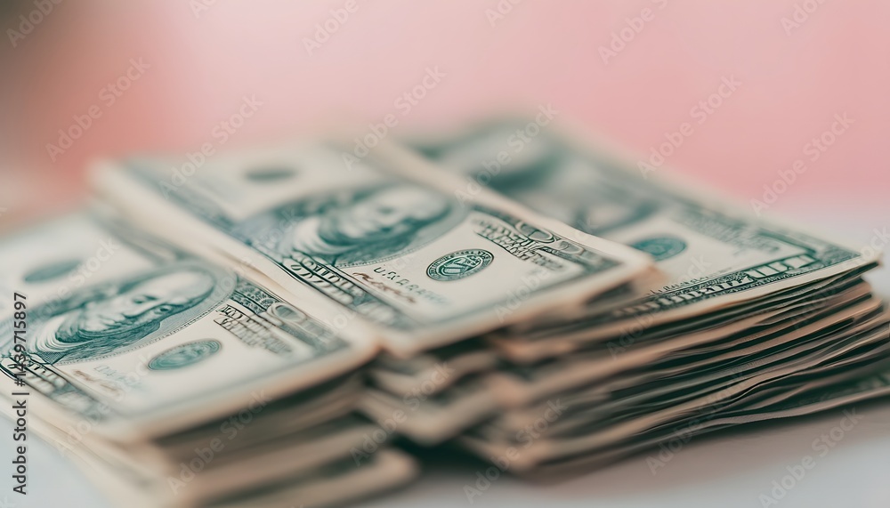 Several stacks of United States currency bills are displayed closely