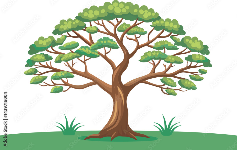 Fototapeta premium A detailed prune tree vector art illustration featuring lush green leaves, intricate branches, and ripe fruit, ideal for nature-themed designs.