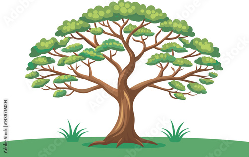 A detailed prune tree vector art illustration featuring lush green leaves, intricate branches, and ripe fruit, ideal for nature-themed designs.