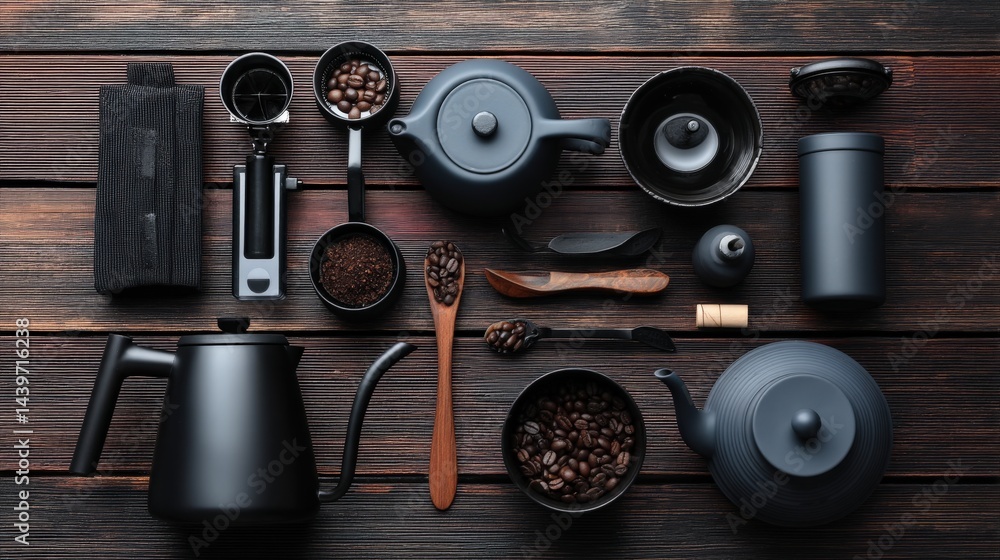 Black Coffee and Teaware Arrangement on Wooden Table Surface
