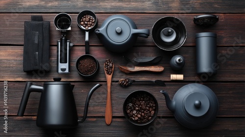 Obraz na płótnie Black Coffee and Teaware Arrangement on Wooden Table Surface w salonie