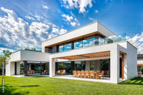 Modern luxury villa with minimalist white architecture featuring glass balcony, spacious terrace and wooden dining area. Contemporary residential property with panoramic windows, geometric structure
