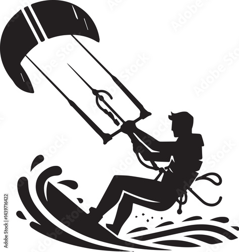 Kitesurfer with kite in motion silhouette vector