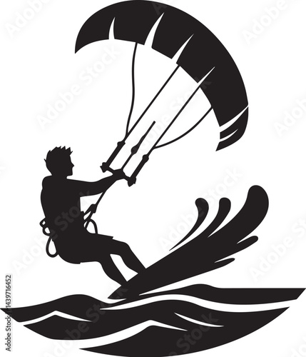 Kitesurfer with kite in motion silhouette vector