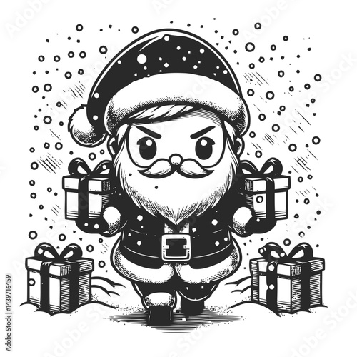 Chibi Santa delivering presents in snowstorm