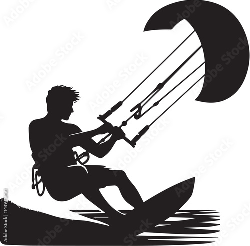 Kitesurfer with kite in motion silhouette vector