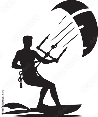 Kitesurfer with kite in motion silhouette vector