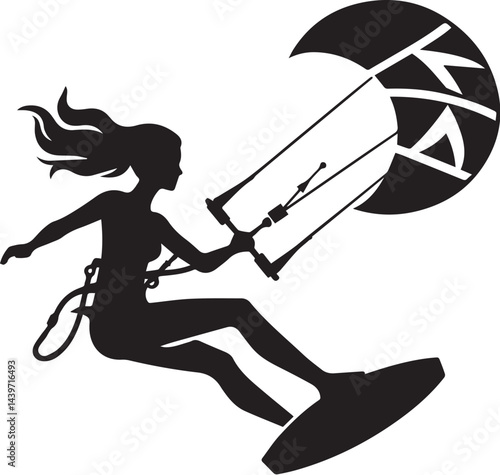 Kitesurfer with kite in motion silhouette vector