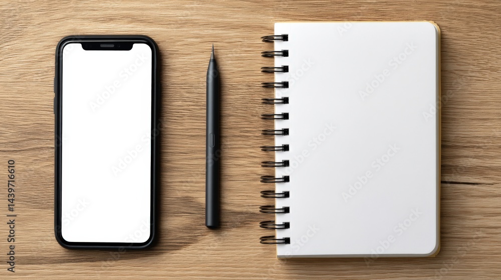 Blank Phone, Empty Notebook, and Pen on Wooden Table Background