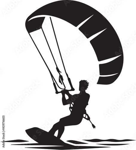 Kitesurfer with kite in motion silhouette vector