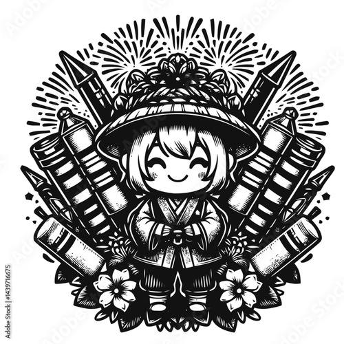 Chibi character dancing with fireworks in the background celebrating New Year's Eve