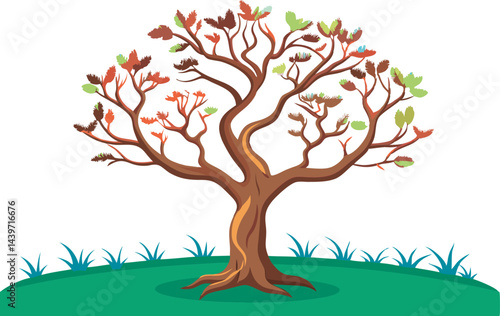 A detailed prune tree vector art illustration featuring lush green leaves, intricate branches, and ripe fruit, ideal for nature-themed designs.
