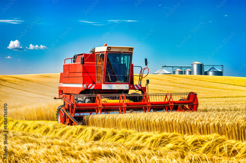 Obraz premium Red combine harvester working in golden wheat field under blue sky with grain silos in background. Agricultural machinery harvesting ripe cereal crop on rural farmland. Farm equipment during summer