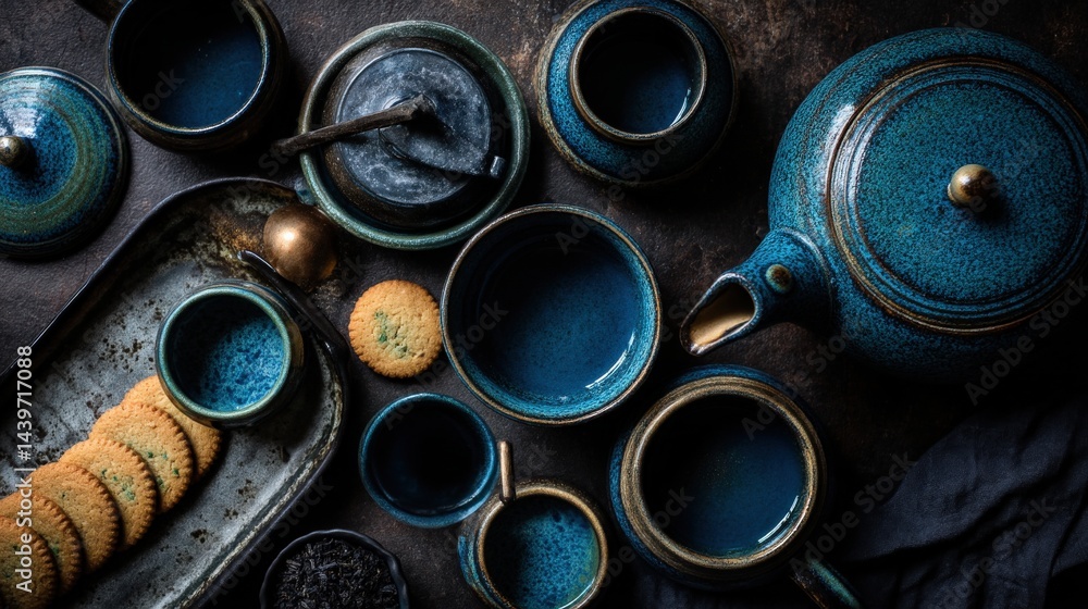 Blue pottery tea set with cookies on dark surface background