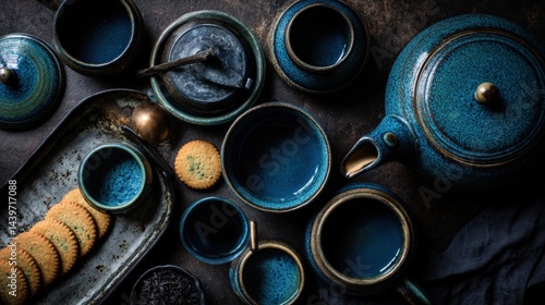 Obraz na płótnie Blue pottery tea set with cookies on dark surface background w salonie
